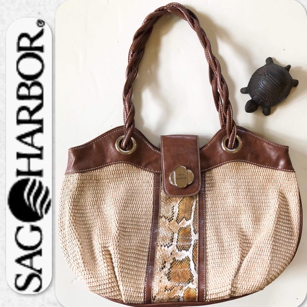 Sag Harbor Woven Faux Snakeskin Accent Tote